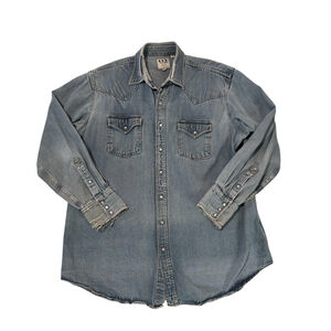 ELY Cattleman Destructed Blue Denim Shirt Mens XLT Western Cowboy Snap Buttons